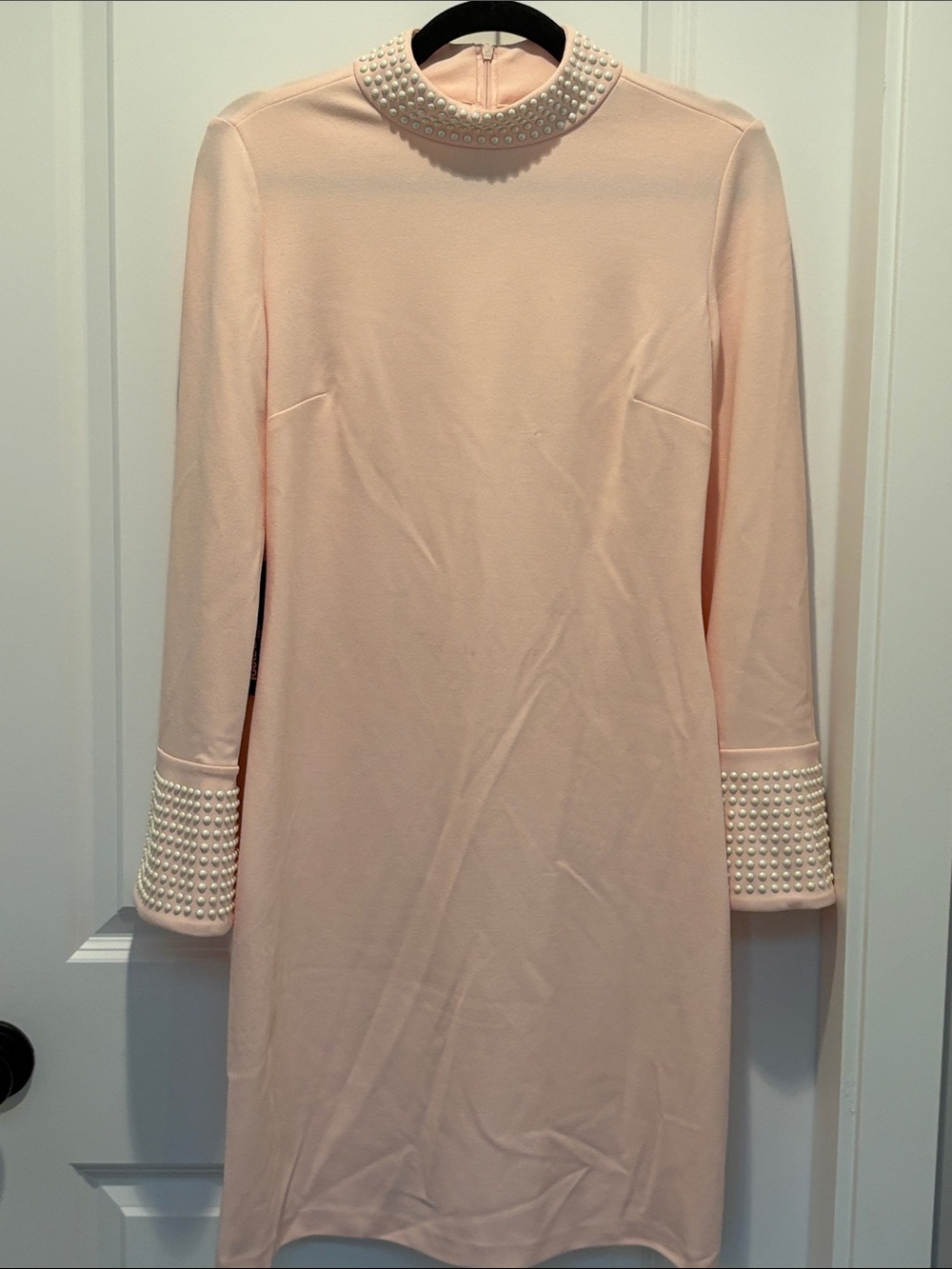 Karl Lagerfeld Pale Pink Pearl-Trim Long Sleeve Shift Dress